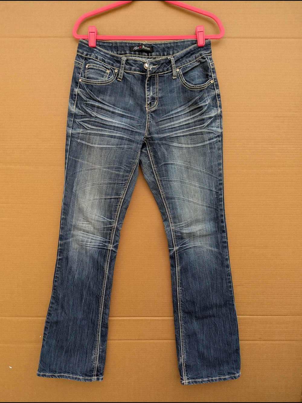 Love X Nation Y2K Bling Bootcut Jeans Whisker Wash Dark Denim Low Mid Rise Sz 8